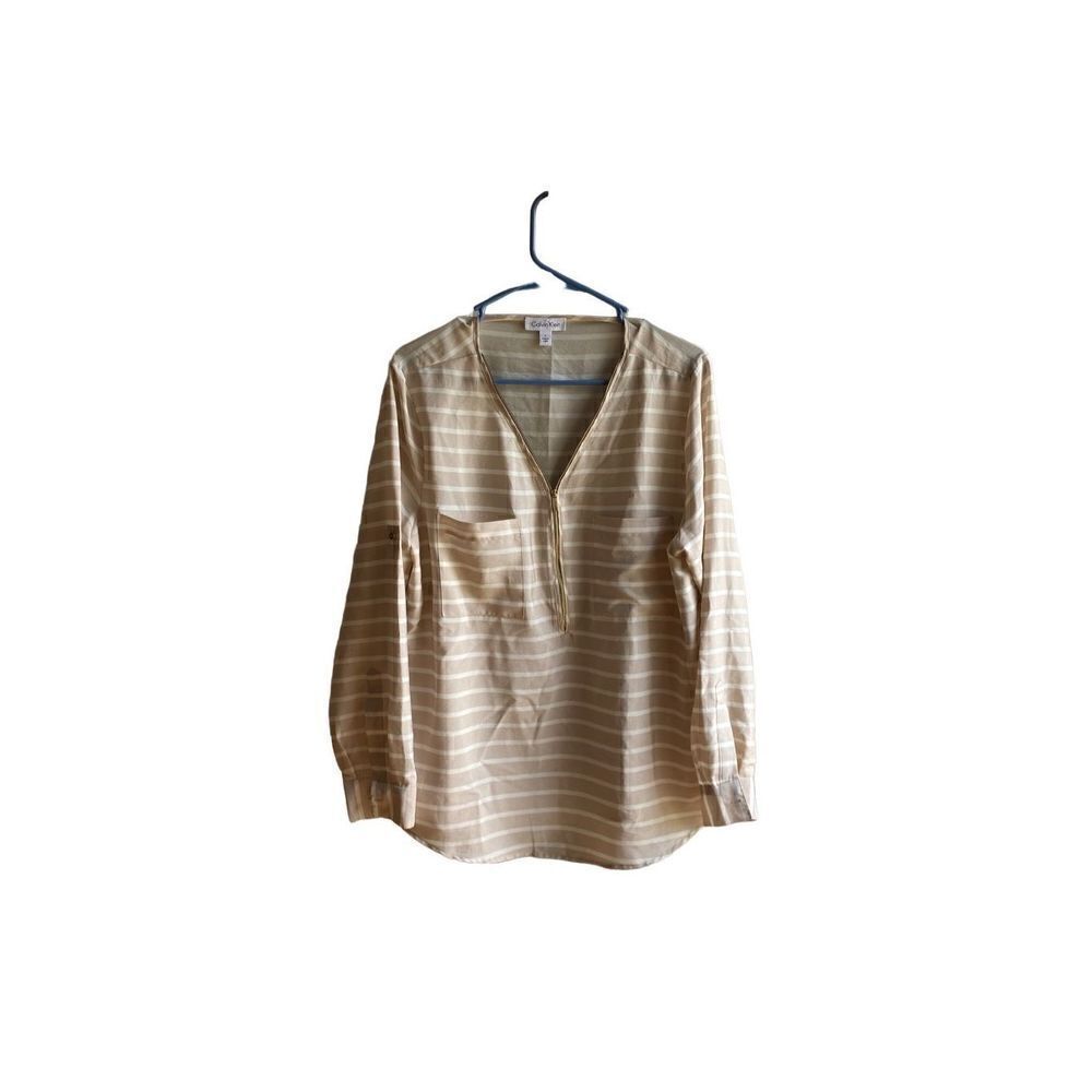 Calvin Klein women’s white and beige striped roll tab sleeve blouse size large
